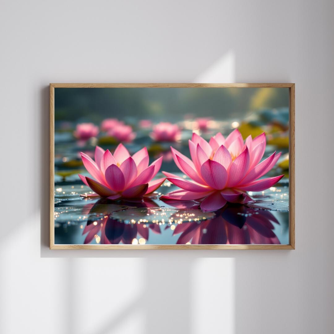 Pink Lotus, Water Lily Art Print, Lotus Pond Floral Wall Art, Lily Pad ...