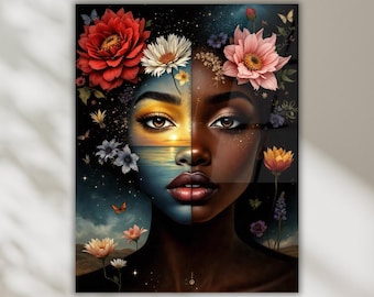 Vibrant Floral Afro Woman Portrait Wall Art, Butterfly Bloom Nature Scene Tempered Glass