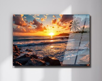 Sunset Beach Tempered Glass Wall Art, Golden Sky Seascape for Home & Office