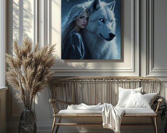 Mystical Woman and White Wolf Under Moonlight – Fantasy Canvas Wall Art (Canvas Print Only/No Frame)