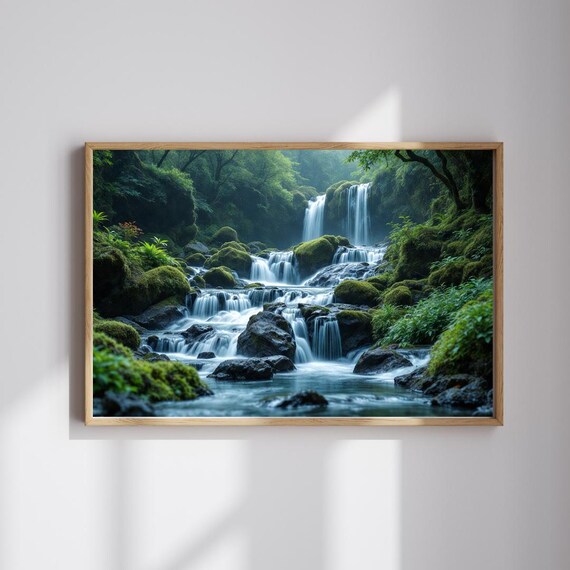 Waterfall Canvas Print Tropical Jungle Forest Landscape, Waterfall Wall Art Waterfall Poster Waterfall Print Forest Waterfall Moody Wall Art