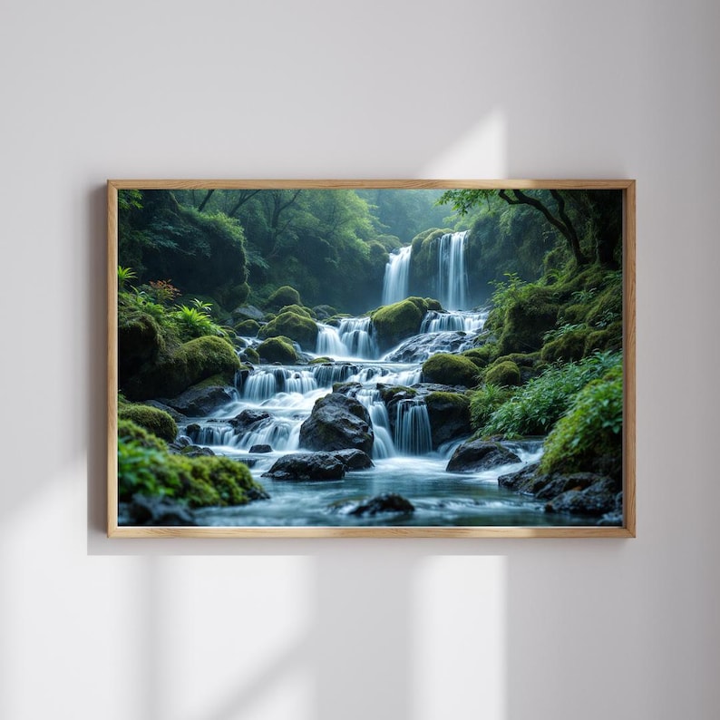 May include: A framed print depicting a waterfall cascading over rocks. The water flows through a verdant landscape of moss and greenery. The artwork is presented in a natural wood frame.