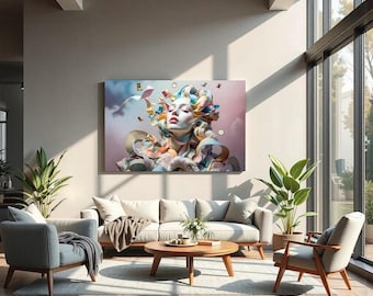 Surreal Abstract Woman with Floating Elements – Modern Canvas Wall Art (Canvas Print Only/No Frame)