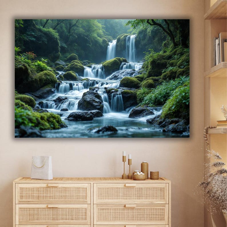 May include: A canvas print depicting a waterfall in a verdant forest. The water cascades over mossy rocks, creating a tranquil, natural scene. The artwork features shades of green, blue, and white, capturing the beauty of the wilderness.