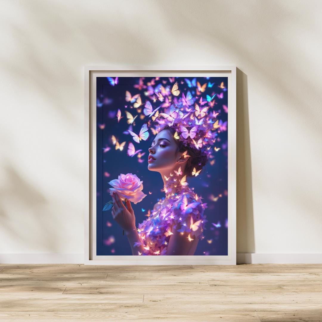 Whimsical Fairy Butterfly Canvas Art: Floral Butterfly Woman Portrait ...
