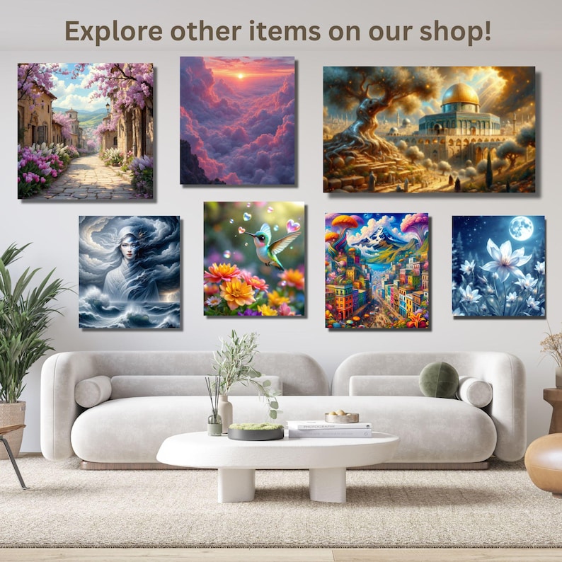 May include: Six framed art prints showcasing colourful landscape and nature scenes. The prints depict a street scene, sunset clouds, a building, a woman, a hummingbird, a city, and a moonlit flower scene. The text "Explore other items on our shop!" is at the top.