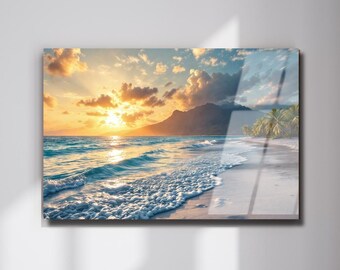 Sunset Beach Wall Decor, Ocean Seascape Tempered Glass Wall