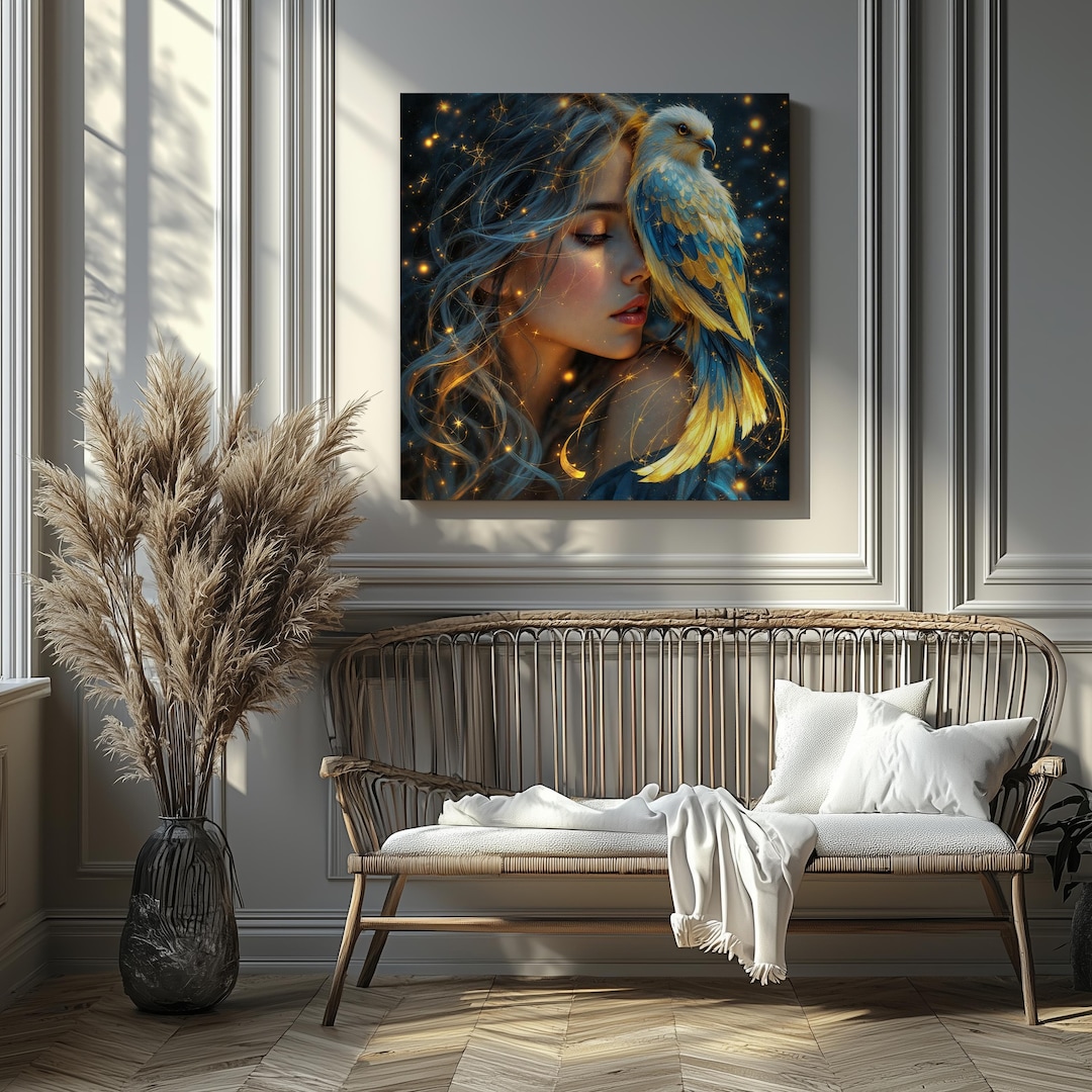Golden Feathered Bird and Dreamy Woman – Celestial Night Canvas Wall ...