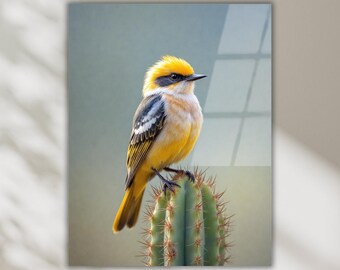 Yellow Bird Tempered Glass Wall Art, Bird Photography Print, Colorful Wildlife Home Decor Gift