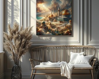 Golden Light Over Sacred City – Dreamlike Spiritual Canvas Art (Canvas Print Only/No Frame)