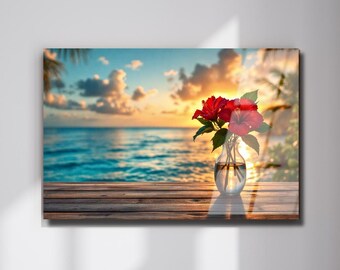 Red Hibiscus Coastal Tempered Glass Wall Art, Sea Sunset Photography, Beach House Decor