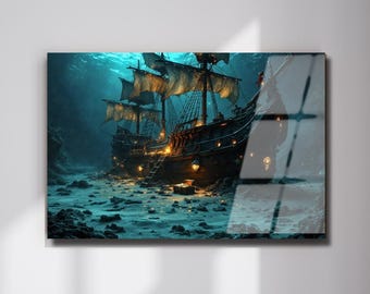 Pirate Ship Tempered Glass Wall Art, Underwater Treasure Scene, Ocean Nautical Decor