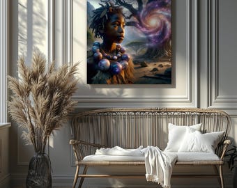 Tribal Girl with Cosmic Necklace – Fantasy Galaxy Canvas Wall Art (Canvas Print Only/No Frame)
