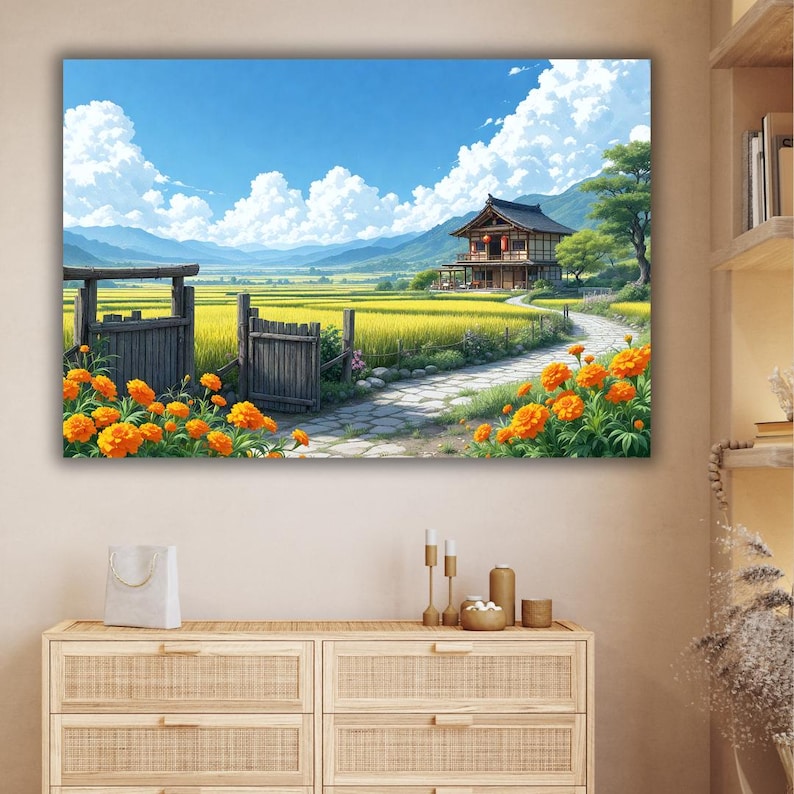 May include: A landscape painting depicts a traditional Japanese house with a dark roof, set amidst a golden rice field. A stone path leads to the house, lined with vibrant orange flowers. The sky is a bright blue with fluffy white clouds.