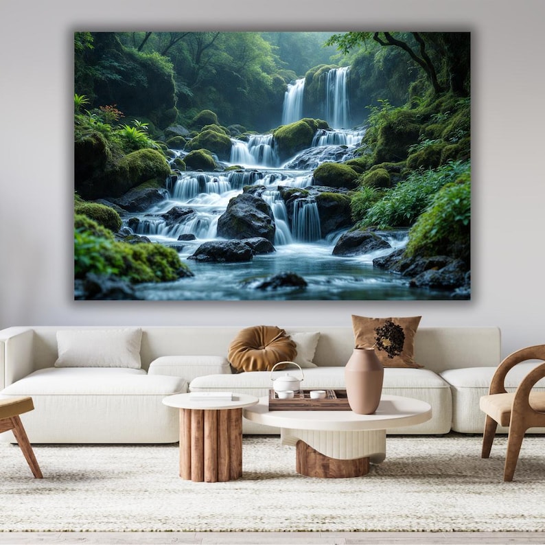 May include: A large canvas print depicting a waterfall in a verdant forest. The water cascades over mossy rocks, creating a tranquil scene. The artwork is displayed above a white sofa in a contemporary living room setting.