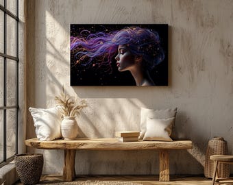 Celestial Flow – Elegant Fantasy Portrait with Cosmic Hair (Canvas Print Only/No Frame)