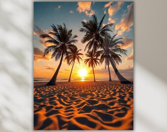 Beach Sunset Wall Art, Coastal Palm Tree Tempered Glass Artwork