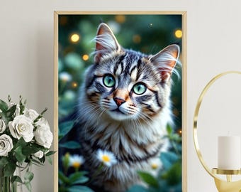 Tabby Cat Art, Emerald Green Eyes, Pet Art, Cat Gifts, Gray Tabby Cat, Cat Portrait, Cat Wall Art, Cat Art Print, Brown Tabby Cat, Cat Lover