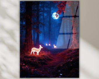 Enchanted Woodland Tempered Glass Wall Art, Glowing Deer in Twilight Forest, Magical Nature Decor