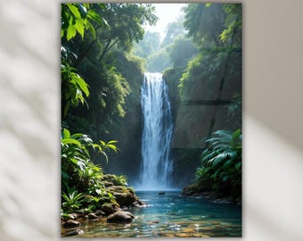 Tropical Waterfall Wall Art, Lush Jungle Cascade Tempered Glass Artwork, Nature Decor