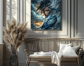 Stormborn Warrior with Lightning Falcon – Fantasy Canvas Art (Canvas Print Only/No Frame)