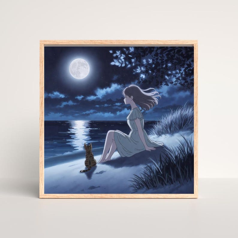 May include: A framed print showing a tranquil night scene. A woman in a light green dress sits on a sandy shore, looking at the full moon reflected in the water. A tabby cat sits beside her. The sky is a deep blue with clouds.