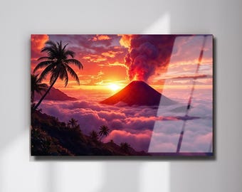 Volcano at Sunset Print, Paradise Nature Tempered Glass Wall Art
