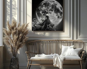 Celestial Shadows – Monochrome Fantasy Moon Art (Canvas Print Only/No Frame)