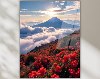 Mount Fuji Sunrise Tempered Glass Wall Art, Japan Landscape