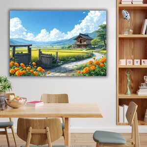 May include: A framed canvas print depicting a serene Japanese landscape. The artwork features a traditional house, a stone path, and vibrant orange flowers. The background shows a field of yellow crops, mountains, and a blue sky with fluffy white clouds.