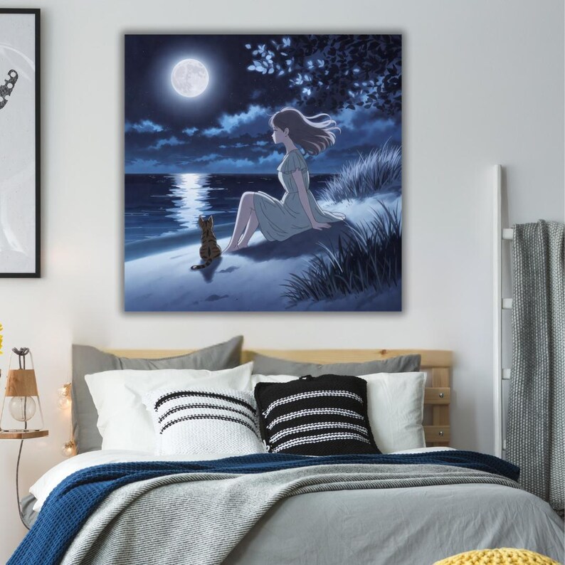 May include: Square canvas art print showing a tranquil night scene. A person sits on a grassy dune, looking at the moonlit sea. A cat is seated close by. The artwork is in shades of blue and white, with a full moon in the sky.