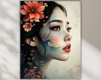 Flower Woman Portrait Wall Art, Cottagecore Tempered Glass Print Decor