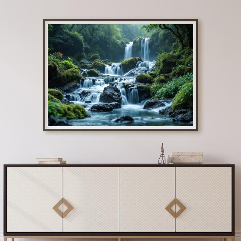 May include: A framed print of a waterfall scene. The image depicts a vibrant green forest with a waterfall cascading over rocks. The water flows through the scene, creating a sense of peace and natural beauty. The print is framed in a dark wooden frame.