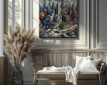 Colorful Surreal City Wall Art, Steampunk New York City with Gears – Futuristic Fantasy Canvas Wall Art (Canvas Print Only/No Frame)