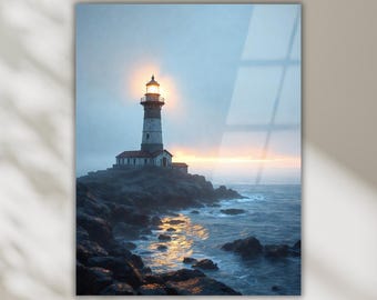 Coastal Lighthouse Tempered Glass Wall Art, Nautical Sunset Landscape