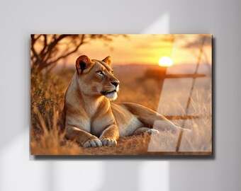 Majestic Lioness Tempered Glass Wall Art, Golden Hour African Wildlife Painting, Safari Animal Decor