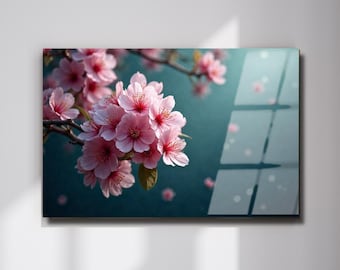 Japanese Cherry Blossom Tempered Glass Wall Art, Floral Decor
