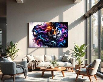 Colorful Woman and Tiger Portrait – Abstract Spirit Animal Canvas Art (Canvas Print Only/No Frame)