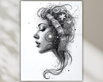 Modern Abstract Wall Decor, Black and White Woman Profile Tempered Glass Art