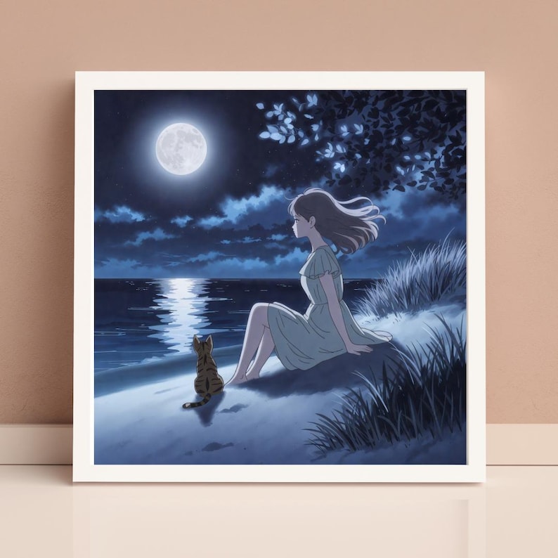 May include: A framed art print shows a tranquil night scene. A person in a light green dress sits on a sandy shore, looking at the moonlit sea. A tabby cat sits close by. The sky is dark blue with clouds, and the moon is bright.