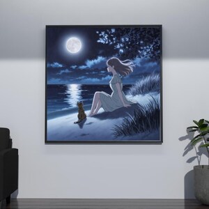 May include: A framed art print shows a tranquil night scene. A woman in a light blue dress sits on a sandy shore, looking at the moonlit ocean. A striped cat sits beside her. The full moon shines brightly in the dark blue sky.