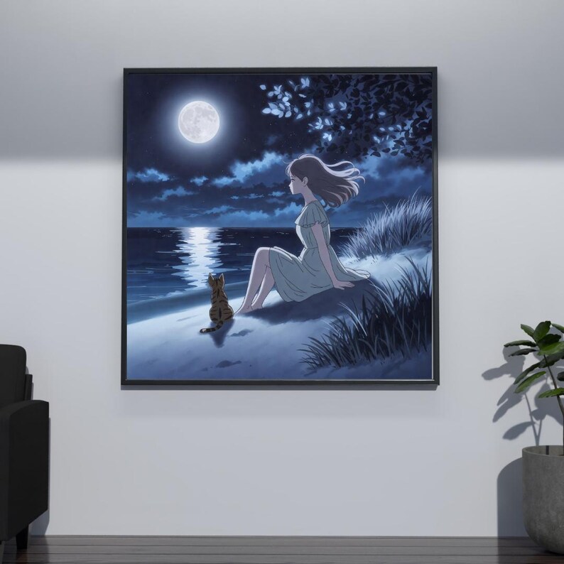 May include: A framed art print shows a tranquil night scene. A woman in a light blue dress sits on a sandy shore, looking at the moonlit ocean. A striped cat sits beside her. The full moon shines brightly in the dark blue sky.