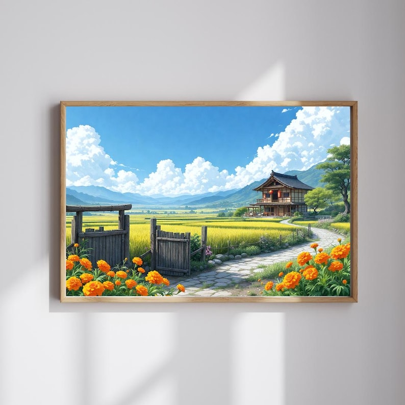 May include: A framed print of a Japanese landscape featuring a traditional house, a stone path, and a field of golden crops. Orange flowers line the path and wooden gate under a blue sky with fluffy clouds.