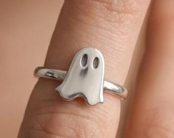 Sterling Silver Ghost Ring, Spooky Boo Stackable Jewelry, Punk Style Gift