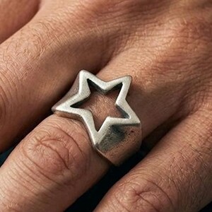 Big Hollow Open Star Ring, 999 Pure Silver Celestial Ring for Unisex, Chunky Statement Ring Open Adjustable