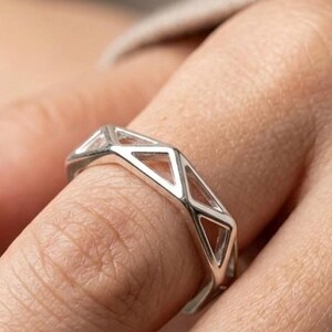 Geometrisches Band 999 Silber Ring, Dreieck Draht Muster Offenes Band, handgefertigtes Silberband für Männer und Frauen jeden Tag Schmuck Geschenk