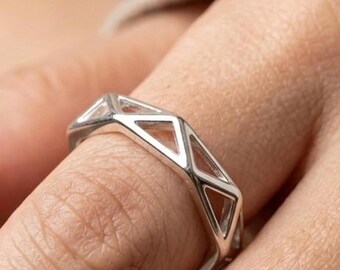 999 Fine Silver Geometric Ring, Triangle Wire Open Band, Modern Architectural Jewelry