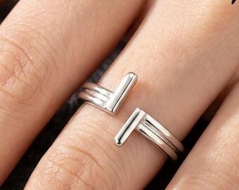 999 Fine Silver Double Bar Open Ring | Minimalist T-Bar Wrap Band, Adjustable Sterling Silver