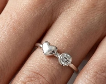 999 Silver Heart & Moissanite Ring Handmade Dainty Love Stackable Ring Romantic Gift