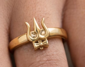 Gold Plated Shiva Trident Ring, 999 Sterling Silver Gold Trishul Ring, Meditation Yoga Jewelry Gift for Her or Him